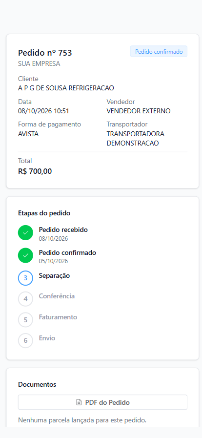 Página de acompanhamento do pedido aberta pelo cliente no celular