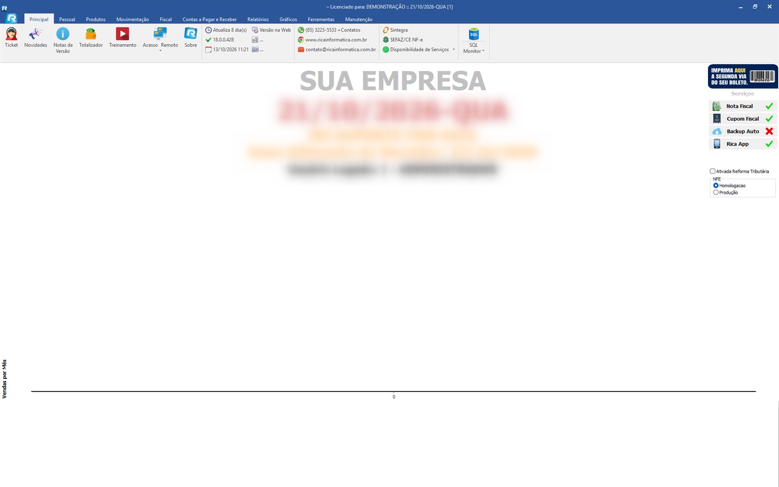 Tela principal do RcFin Win, com os menus de cadastros, movimentação, fiscal, contas, relatórios e gráficos
