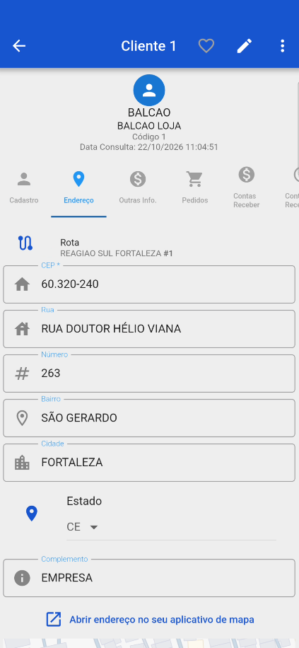 Ficha do cliente no Rica App com abas de cadastro, endereço, pedidos e contas a receber
