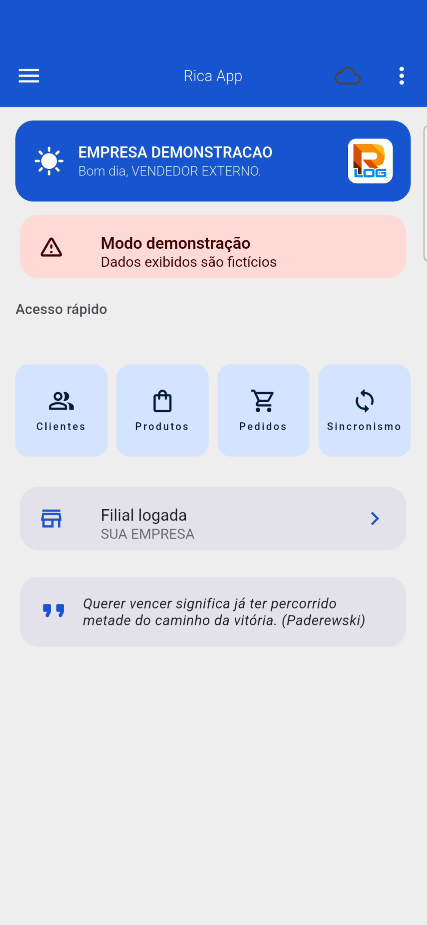 Tela inicial do Rica App com acesso rápido a clientes, produtos e pedidos