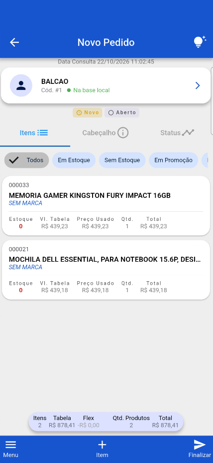 Montagem de pedido no Rica App com filtros de estoque