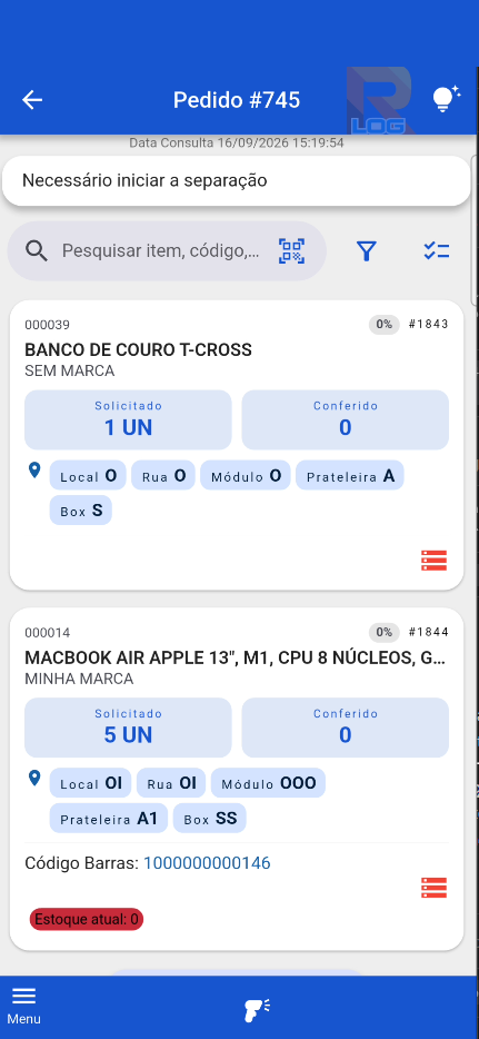 Separação de pedido no Rica Log com quantidade solicitada, conferida e localização de cada item no depósito