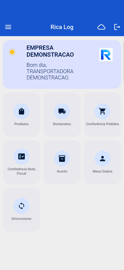 Tela inicial do Rica Log com atalhos para produtos, romaneios, conferências e acerto