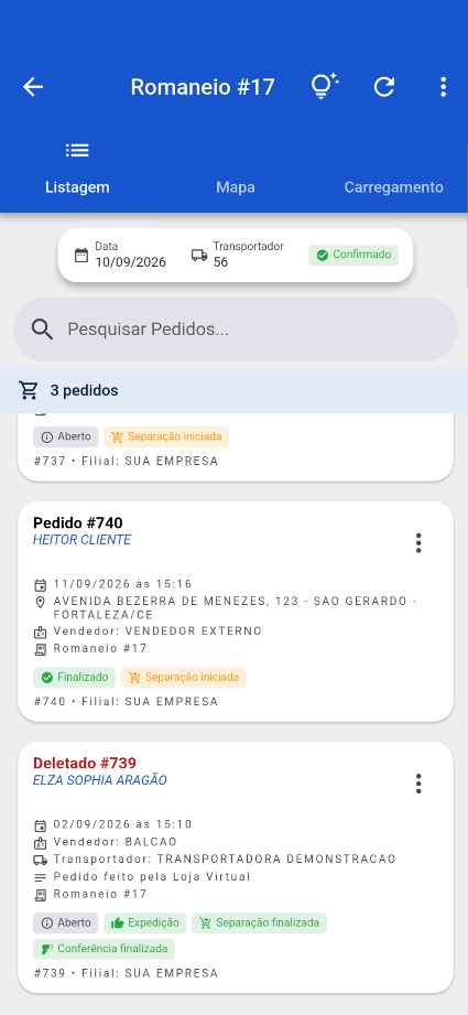 Romaneio de entrega no Rica Log com a lista de pedidos e as abas Mapa e Carregamento