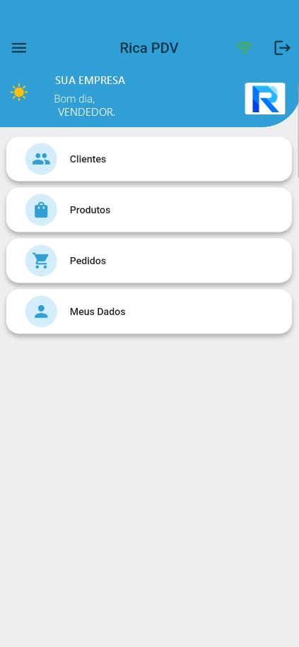 Tela inicial do Rica PDV com acesso a clientes, produtos, pedidos e dados do vendedor