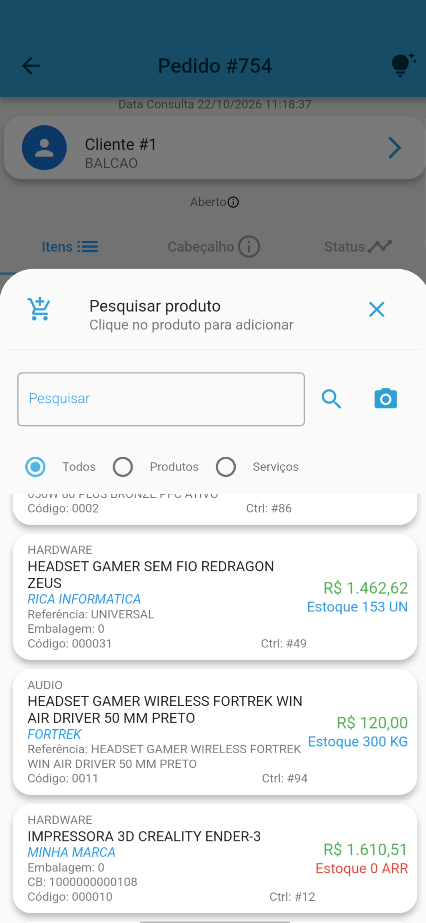 Busca de produtos no pedido do Rica PDV, com preço, estoque e leitura de código de barras pela câmera
