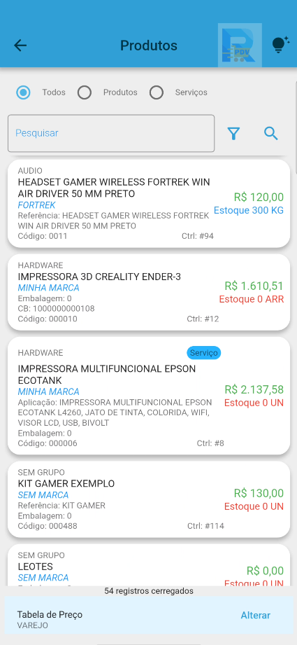 Catálogo de produtos do Rica PDV com preço, estoque e tabela de preço